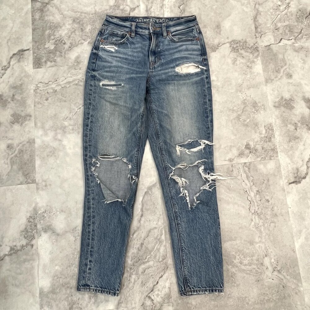American Eagle Mom Jean Size 00 Blue Stretch Mid-Rise Distressed Blown‎ Knees